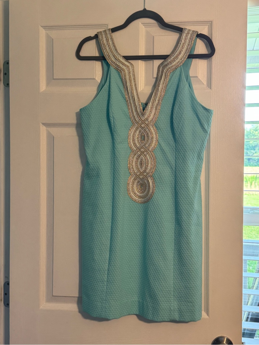 Lilly Pulitzer Aqua Shift Dress with Gold Embellished V-Neck